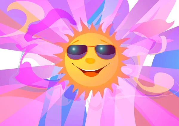 Ilustrație vectorială. Zâmbind soare în ochelari de soare pe fundal abstract albastru roz — Vector de stoc