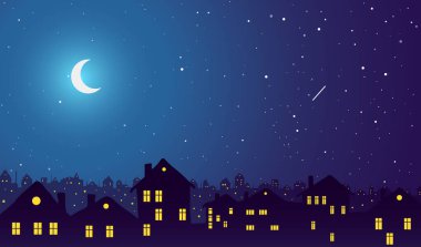Vintage town at night. Bright moon and shooting star. clipart