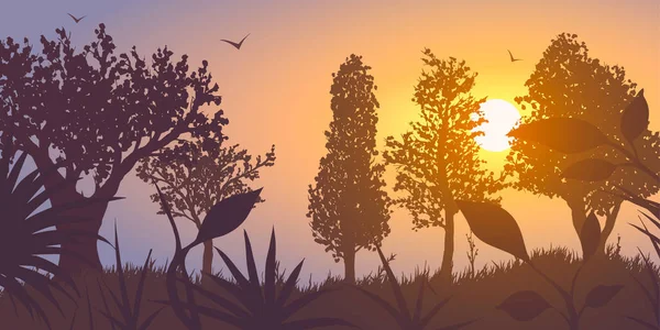 Silhouette di foresta al tramonto arancione. illustrazione vettoriale . — Vettoriale Stock
