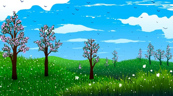 Primavera. Árvores florescentes em colinas com flores e borboletas. Pássaros voando nas nuvens . — Vetor de Stock