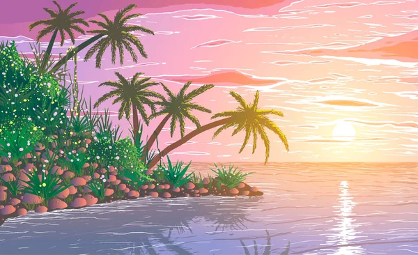 Tropikalne wybrzeże oceanu z roślinami, palmami i kwiatami na zachodzie słońca. — Wektor stockowy