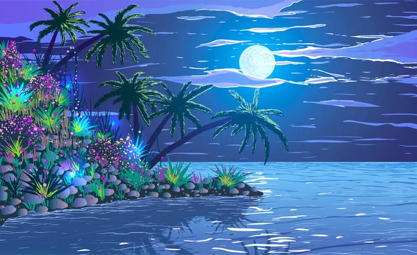 Tropical ocean coast with plants, palm trees, glowworms, and flowers among full moon at night. — Stock Vector