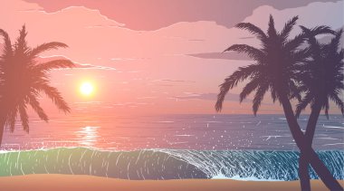 Gün batımında okyanus kıyısında palmiye ağaçları