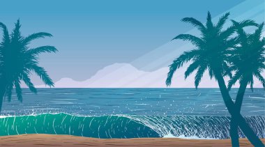 Mavi okyanus kıyısındaki palmiye ağaçlarının vektör çizimi