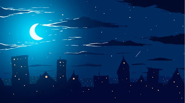 ベクトルイラスト。夜の星や月に対する都市. — ストックベクタ