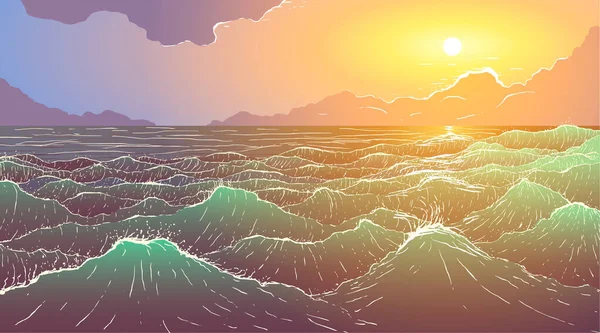 Vektor illustration av stora havsvågor vid solnedgången — Stock vektor