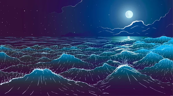 Vektor große Meereswellen und Vollmond in der Nacht — Stockvektor