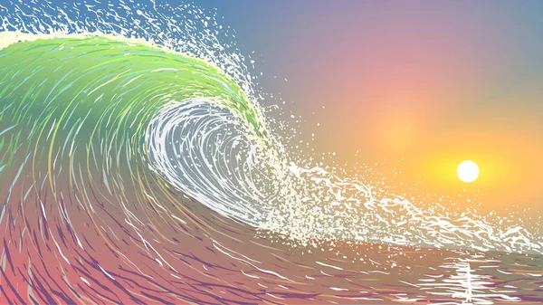 Векторні ілюстрації. Велика океанічна хвиля на заході сонця . — стоковий вектор