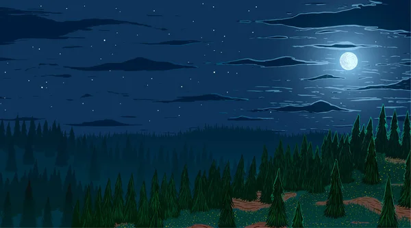 Vektorhintergrund. Tannenwald in hügeligen Bergen mit Wiesen bei sternenklarem Mondlicht. — Stockvektor