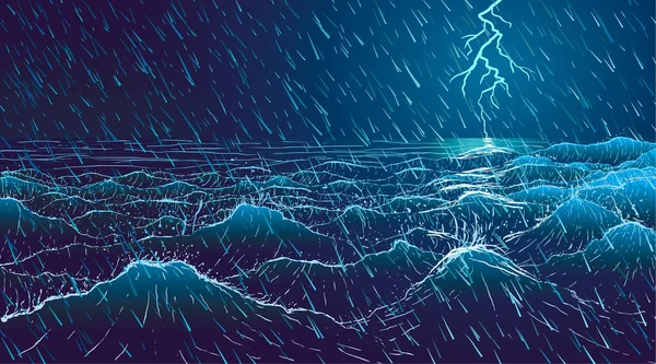 Vecteur grandes vagues océaniques dans la tempête pluvieuse la nuit — Image vectorielle