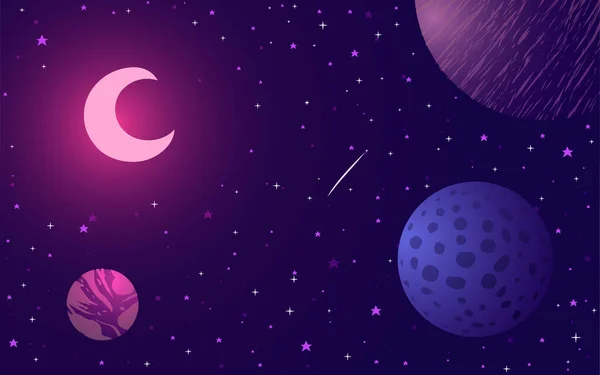 Ilustración vectorial. Cuento de hadas luna entre el espacio, planetas y estrellas . — Vector de stock