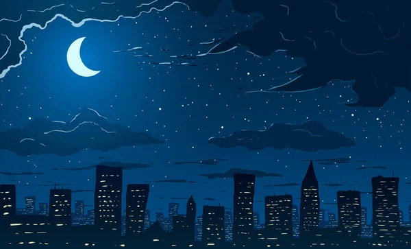 Illustration vectorielle. Les gratte-ciel dans la grande ville la nuit . — Image vectorielle