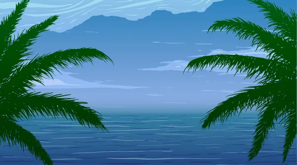Las hojas de palma sobre el fondo del océano azul — Vector de stock