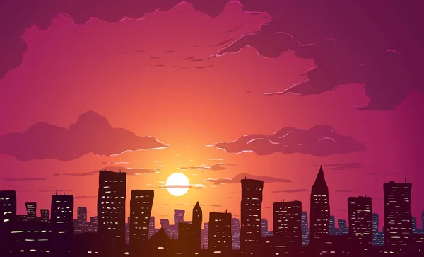 Illustration vectorielle. Gratte-ciel dans la grande ville au coucher du soleil . — Image vectorielle