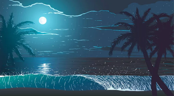 Palm trees on ocean shore at night — Stock Vector