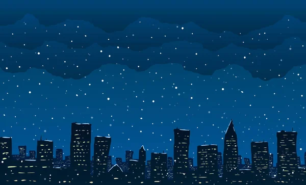 Nieve cayendo en la gran ciudad. Ilustración vectorial . — Vector de stock