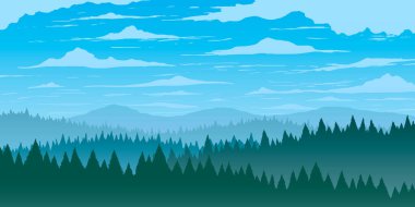 Vektör arkaplanı. Tepeli dağlarda çayırlı fidan ormanı.