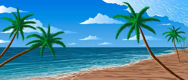 Mavi okyanus kıyısında vektör palmiyeleri — Stok Vektör