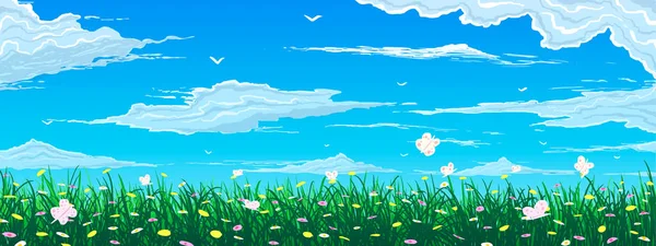 Ampia illustrazione vettoriale della primavera. Erba verde con fiori, farfalle, sullo sfondo di cielo blu e nuvole — Vettoriale Stock