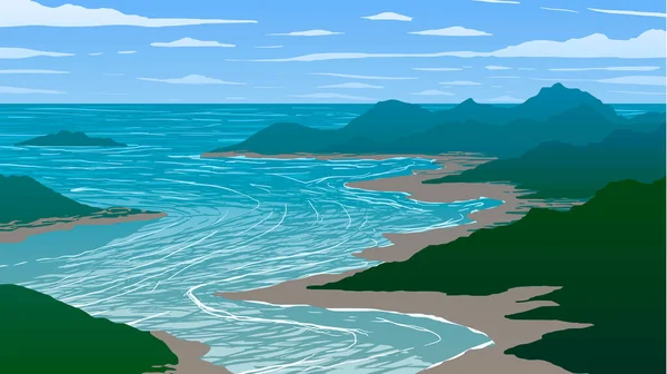 Ilustración vectorial. Vista aérea de la bahía y las islas en el océano — Vector de stock