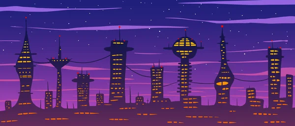 Ilustración vectorial de ciudad futura abstracta al atardecer . — Vector de stock