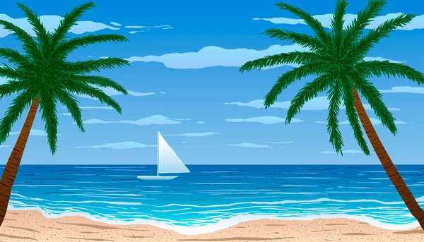 Palme sulla spiaggia dell'oceano. Yacht a vela all'orizzonte. Illustrazione vettoriale . — Vettoriale Stock