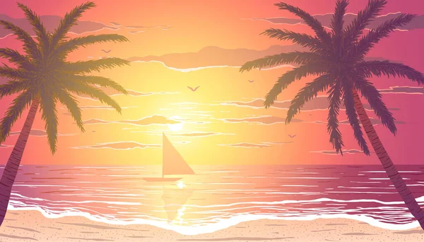 Palm trees on ocean beach at sunset. sailing yacht on the horizon. Vector Illustration. — Stock Vector