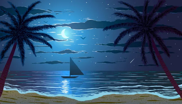 Palm trees on ocean beach at moonlight night. Vector Illustration. — Stock Vector