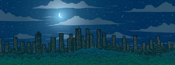 Εικονογράφηση διανύσματος. Ουρανοξύστες σε μεγάλη πόλη και πράσινα δέντρα ενάντια στα αστέρια και το φεγγάρι τη νύχτα. — Διανυσματικό Αρχείο