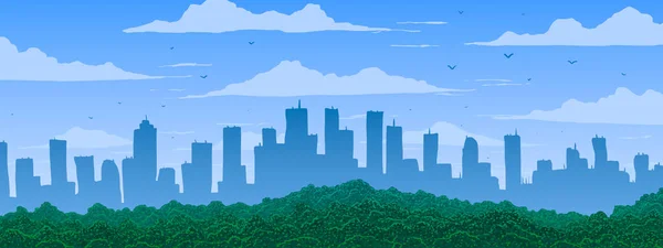 Gran ciudad de dibujos animados panorama en el día soleado. Ilustración vectorial . — Vector de stock