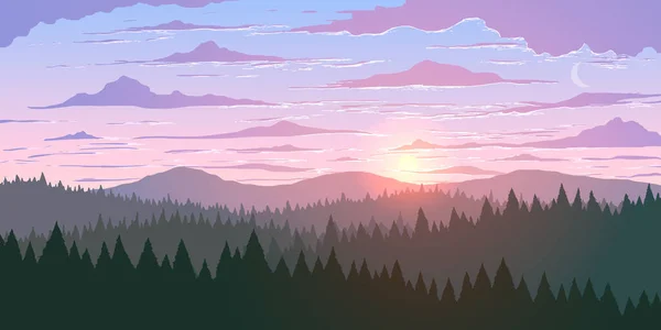 Vektorbakgrund. Körskog i kuperade berg med ängar vid solnedgången. — Stock vektor
