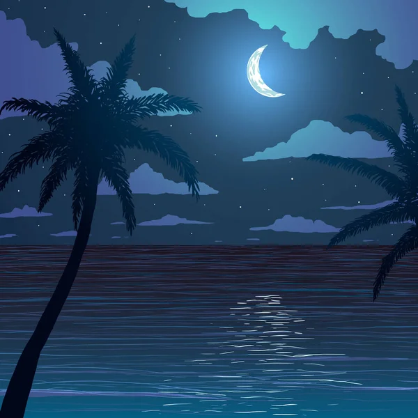 夜の海辺のヤシの木 — ストックベクタ