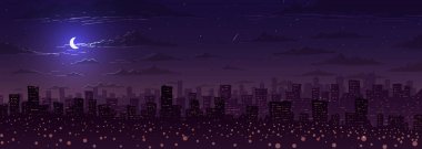 Vektör çizimi. Büyük şehir manzarası yıldızlara ve aya karşı geceleyin.