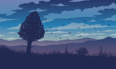 Vektör manzarası. Çiçekli çayır ve dağların arasındaki ağaç silueti.