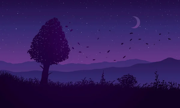 Panorama vettoriale notturno. Silhouette di albero tra prato fiorito e montagne. Viola cielo rosa con luna e stelle . — Vettoriale Stock