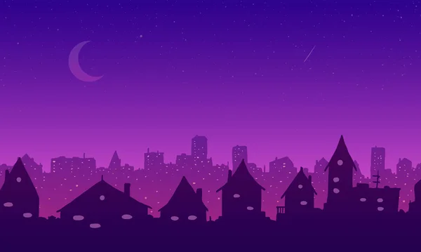 Ciudad de dibujos animados vectorial por la noche. Siluetas rosa púrpura de casas y rascacielos sobre fondo de estrellas y luna . — Vector de stock