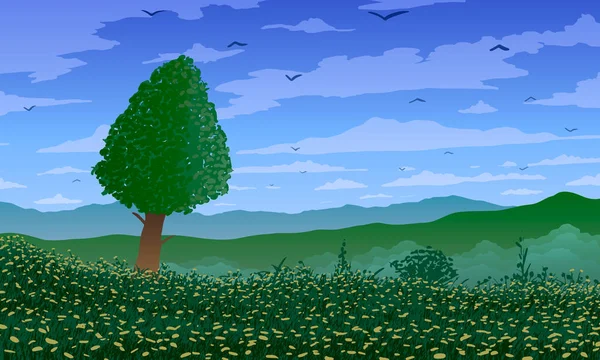 Paisaje vectorial. Silueta de árbol entre prados florecientes y montañas . — Archivo Imágenes Vectoriales