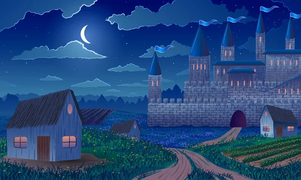 Vektorillustration. Mittelalterliche Burg mit landwirtschaftlichen Feldern und Dorf inmitten ländlicher Landschaft bei Nacht. — Stockvektor