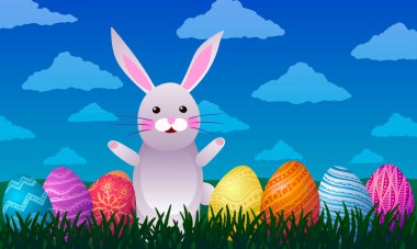 Vektör çizimi. Mutlu şirin tavşancık Çimenlerde paskalya yumurtaları