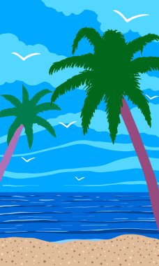 Yaz tropik manzarası. Okyanus kıyısında palmiye ağaçları ve martıları olan kumsal. Dikey soyut düz vektör çizimi.