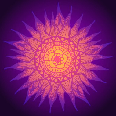 Sarı-menekşe güneş mandala desenli, ortasında ışınlar ve çiçekler var..