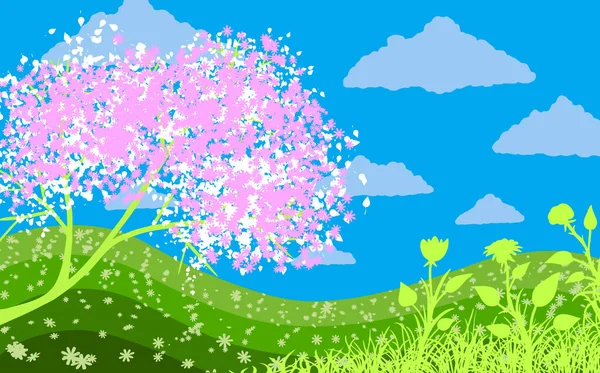 Illustration vectorielle abstraite du printemps. Arbre en fleurs sur fond de prairie verte avec fleurs, ciel bleu et nuages . — Image vectorielle