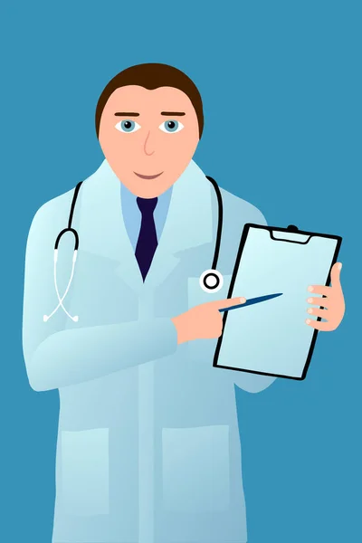 Smiling doctor in a white coat with notepad with diagnosis. — Stock Vector