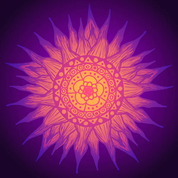 Vector geel-violette zon mandala patroon met stralen en bloemen in het midden. — Stockvector