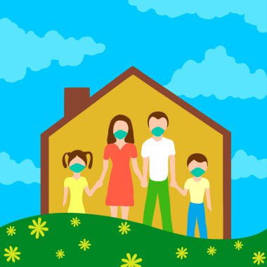 Evde maskeli bir aile kendini izole ediyor. Koronavirüsü önleme. Evde güvende ol..