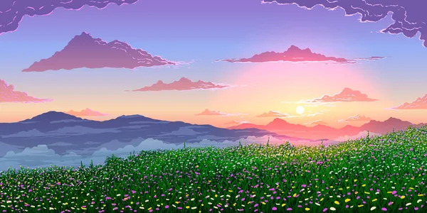 Vector spring landscape background. Mountains and flowering meadows at sunset. — Stock Vector