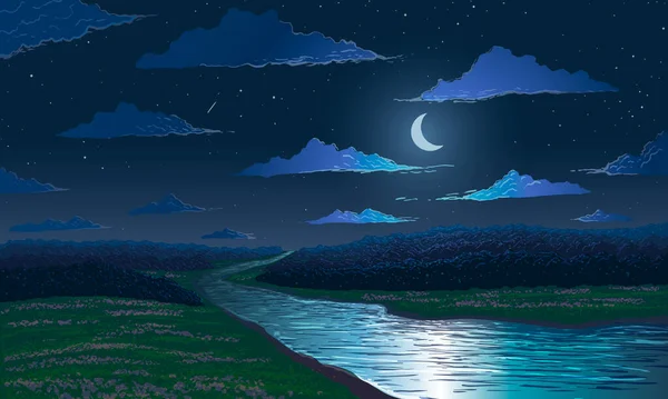 Vector spring landscape. River among flowering fields and forests at moonlight night.