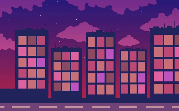 Ciudad nocturna de dibujos animados en el fondo de la puesta del sol y las nubes. ilustración vectorial plana . — Vector de stock