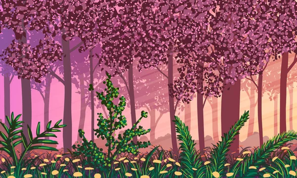 Paysage printanier. Forêt florissante et fleurs sur le sol au coucher du soleil. illustration vectorielle abstraite . — Image vectorielle