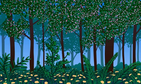 Frühlingslandschaft. Blühender Wald und Blumen auf dem Boden. abstrakte Vektorillustration. — Stockvektor